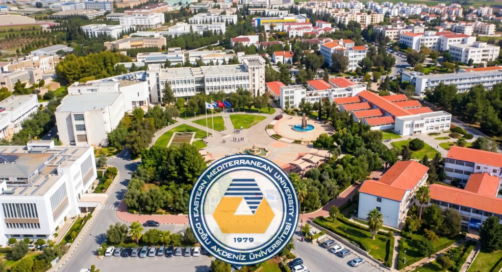 Kuzey Kıbrıs'ta logolu Doğu Akdeniz Üniversitesi (DAÜ) kampüsünün havadan görünümü
