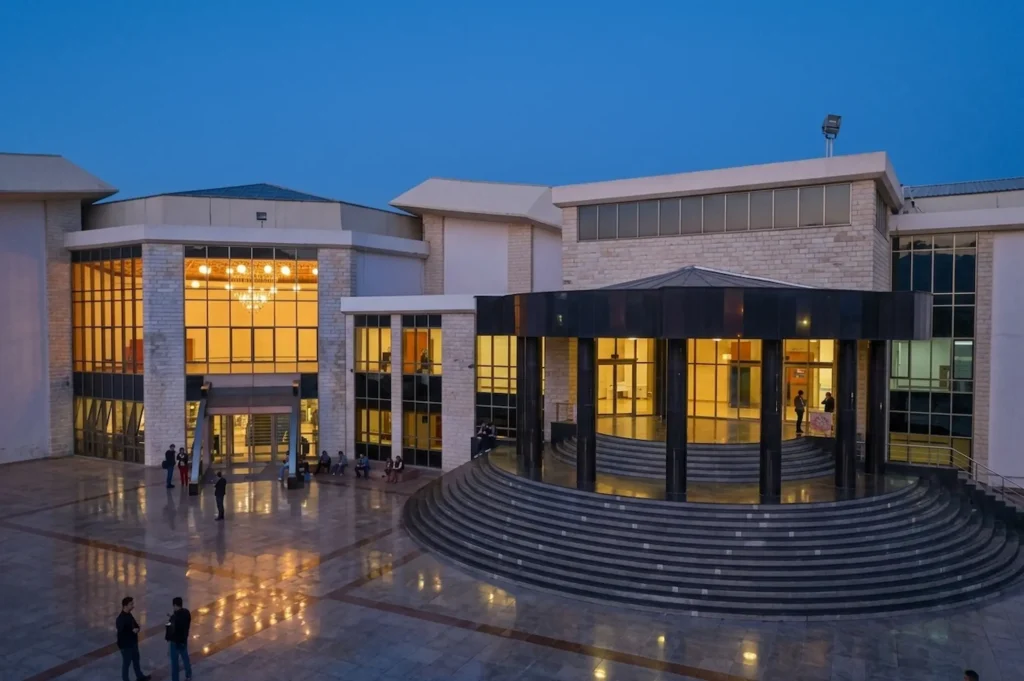 Near East University modern campus building at dusk in North Cyprus