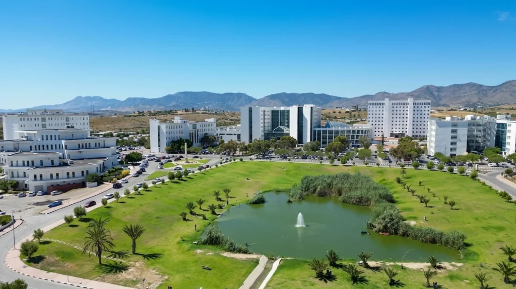 Aerial view of Near East University green campus and facilities