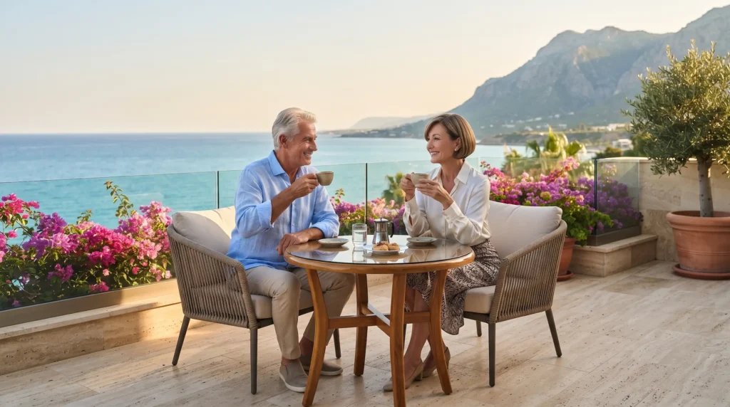 A retired couple enjoying a peaceful walk along the scenic coast of North Cyprus