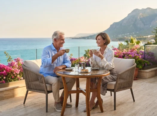 A retired couple enjoying a peaceful walk along the scenic coast of North Cyprus