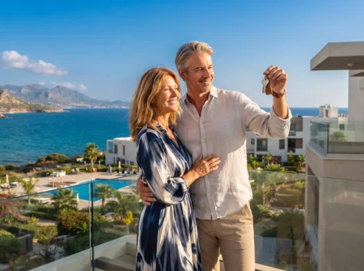 A happy European couple standing on the balcony of their new seaside apartment in North Cyprus holding house keys and enjoying the sea view.