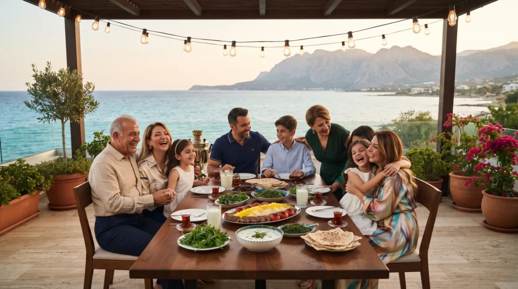 An Iranian family gathering and having dinner together on a balcony with sea and mountain views in North Cyprus
