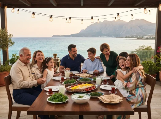 An Iranian family gathering and having dinner together on a balcony with sea and mountain views in North Cyprus