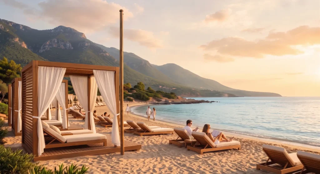 Luxury beach cabanas and sun loungers on a scenic Mediterranean beach in Northern Cyprus during sunset.