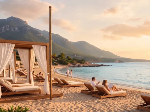 Kuzey Kıbrıs'ta gün batımında, manzaralı bir Akdeniz plajında lüks plaj kabanaları ve şezlonglar.
