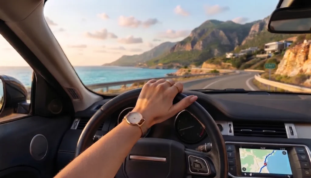 Driving along a scenic coastal road in Northern Cyprus with a view of the blue sea and mountains.