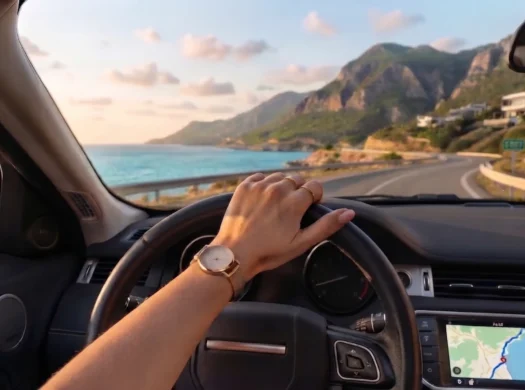 Driving along a scenic coastal road in Northern Cyprus with a view of the blue sea and mountains.