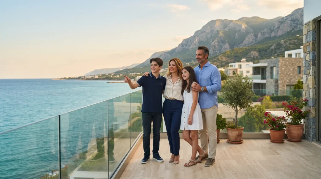 An Iranian family enjoying the view from a luxury coastal property balcony in North Cyprus