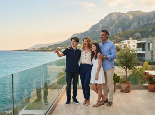 An Iranian family enjoying the view from a luxury coastal property balcony in North Cyprus