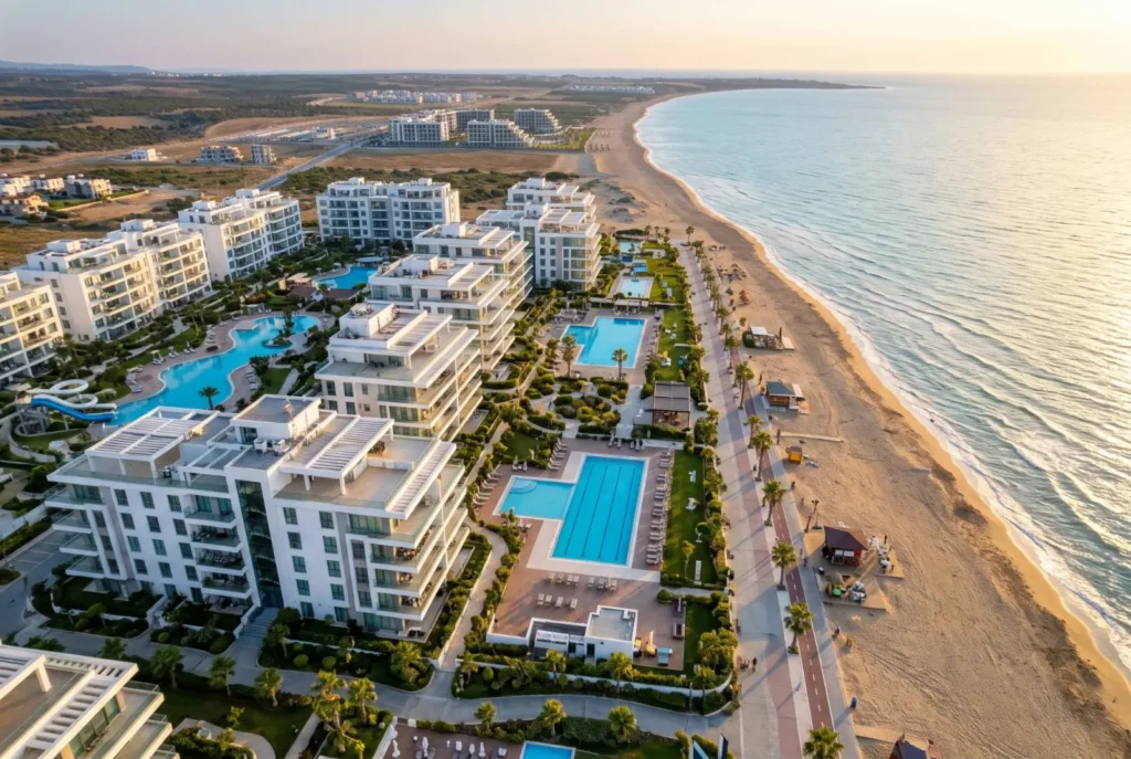 Kuzey Kıbrıs, İskele Long Beach'te havuzlu sahil daire sitesinin havadan görünümü