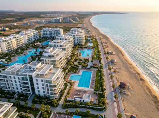 Aerial view of a beachfront apartment resort with pools on Long Beach, Iskele, North Cyprus