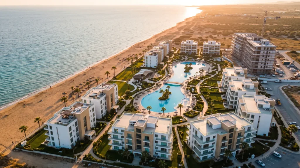 Aerial view of a beachfront resort in Long Beach, North Cyprus, with a new building under construction.