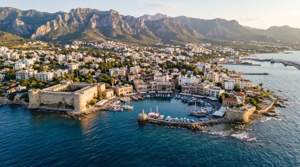 نمای هوایی بندر گیرنه، قلعه و محلههای مسکونی پای کوهستان