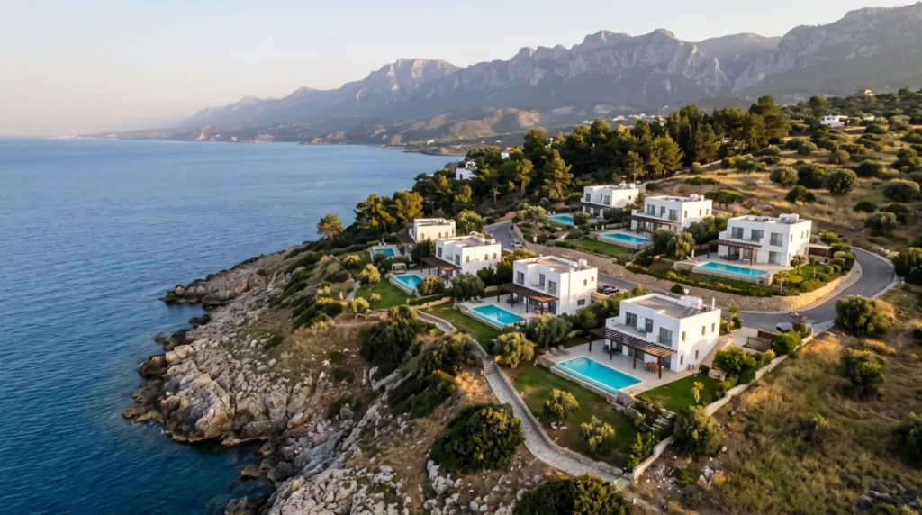 Aerial view of modern villas with private pools on the coast near Esentepe, North Cyprus