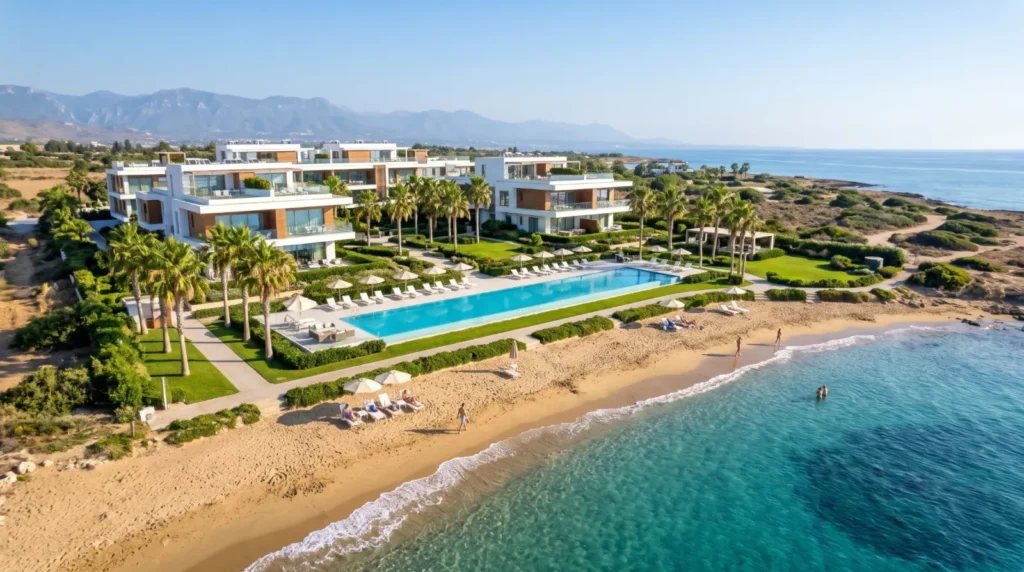 Aerial view of a beachfront residence with a pool, palm gardens and a private sandy beach in North Cyprus
