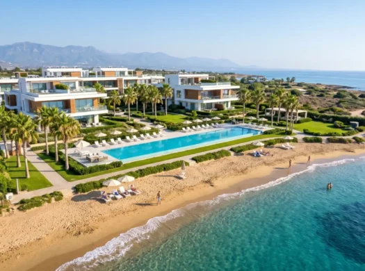 Aerial view of a beachfront residence with a pool, palm gardens and a private sandy beach in North Cyprus