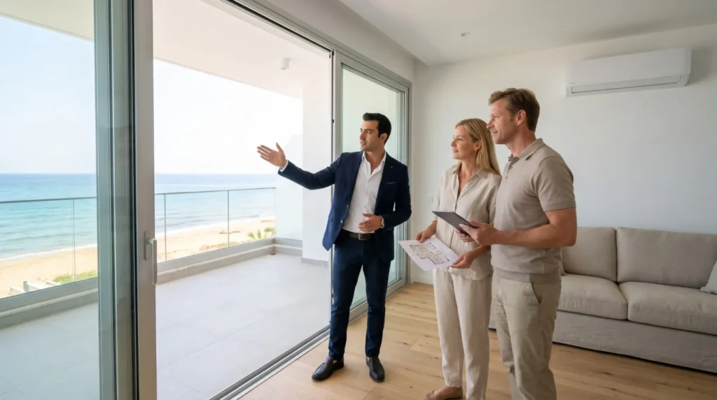 Property consultant showing a couple the sea view during a viewing of a seafront apartment in North Cyprus
