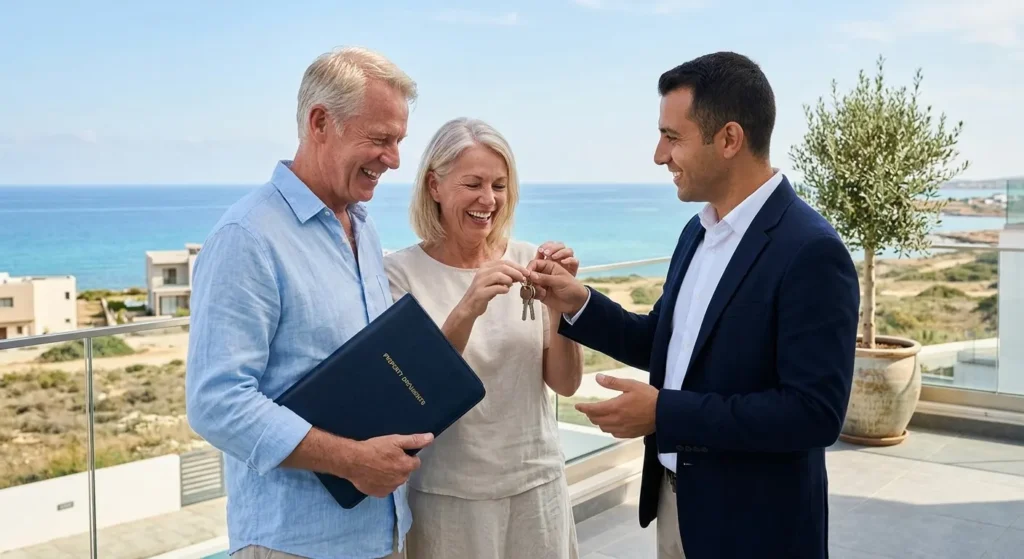 Couple receiving the documents and keys of their new home in North Cyprus from a property consultant