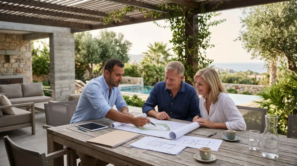 Couple reviewing villa floor plans with a property advisor in North Cyprus