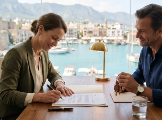 Couple signing the property transfer documents in a lawyer's office overlooking Kyrenia harbour, North Cyprus