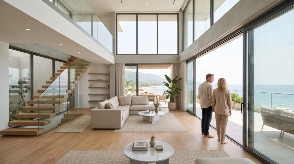 Double-height living room of a duplex loft penthouse with a sea view in North Cyprus