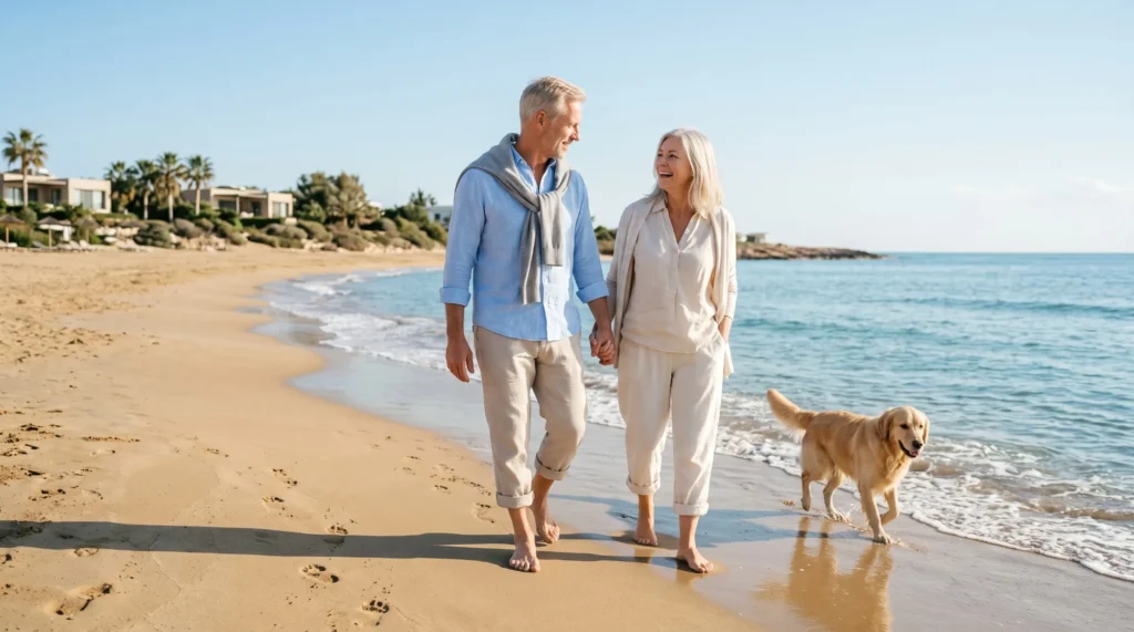 European couple walking barefoot with their dog on a sandy beach in North Cyprus on a sunny winter day.