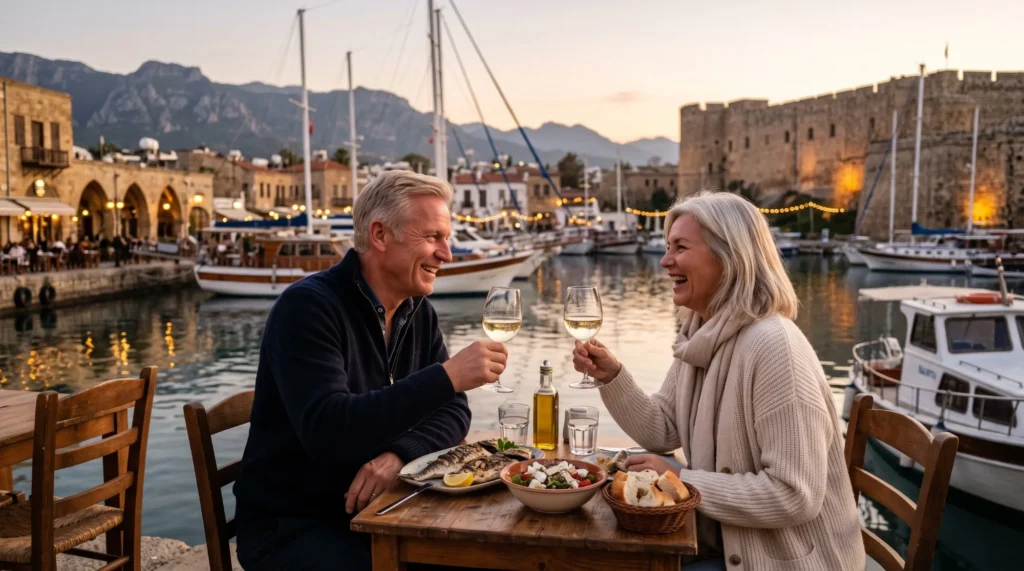 European couple toasting with white wine at a waterfront restaurant in Kyrenia harbour at sunset, North Cyprus.