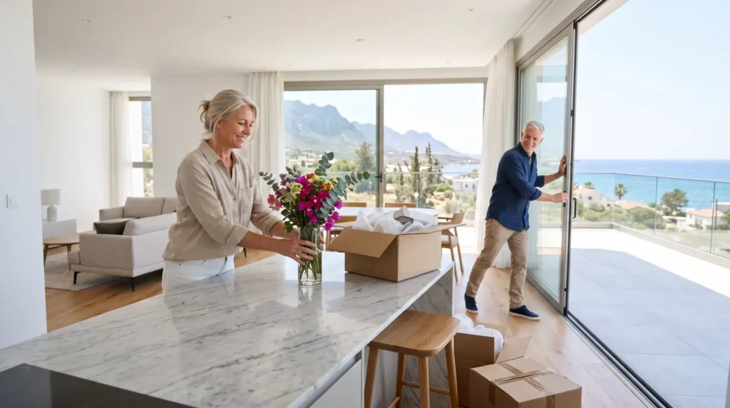 European couple moving into a ready luxury apartment with sea and mountain views in Kyrenia, North Cyprus.