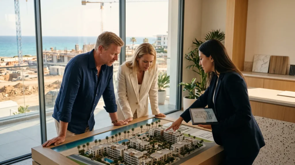 European couple viewing the scale model of an off-plan beachfront project in a North Cyprus sales office.