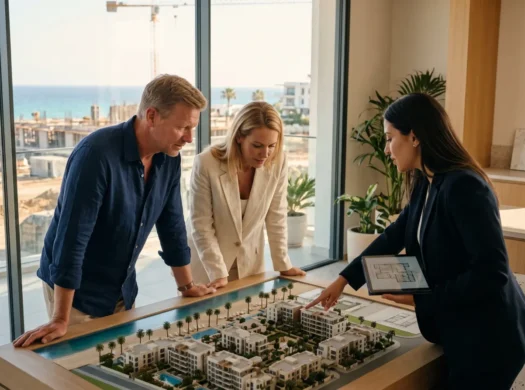 European couple viewing the scale model of an off-plan beachfront project in a North Cyprus sales office.
