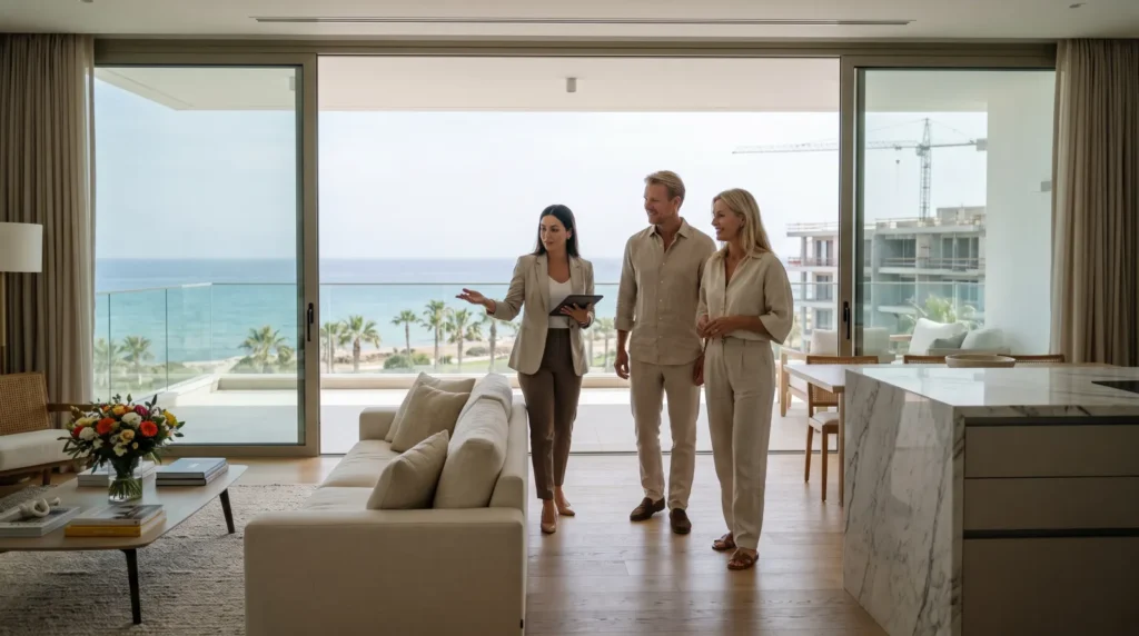 European couple touring a furnished show apartment with sea view in a new North Cyprus development.