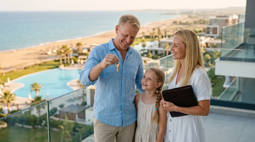 European family holding the keys to their new sea-view apartment on a balcony overlooking Long Beach, Iskele, North Cyprus.