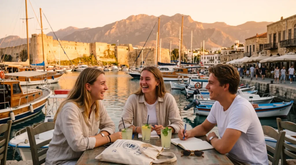 European university students at a café in Kyrenia harbour at sunset, North Cyprus