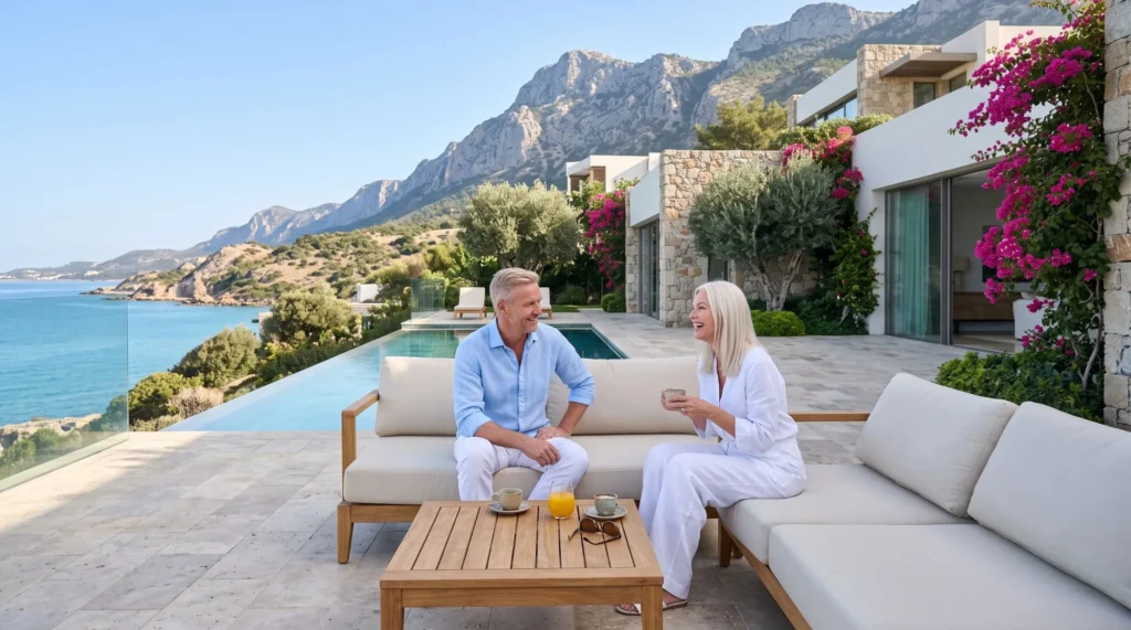 European couple relaxing on the terrace of a luxury villa with infinity pool, sea and mountain views in Kyrenia, North Cyprus.