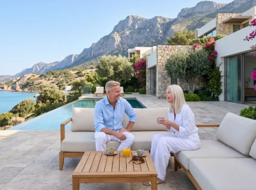 European couple relaxing on the terrace of a luxury villa with infinity pool, sea and mountain views in Kyrenia, North Cyprus.