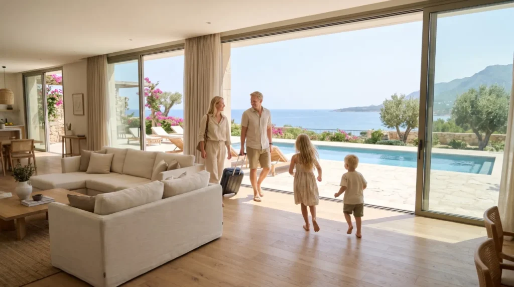 Family arriving at a new villa with a pool and sea view in North Cyprus