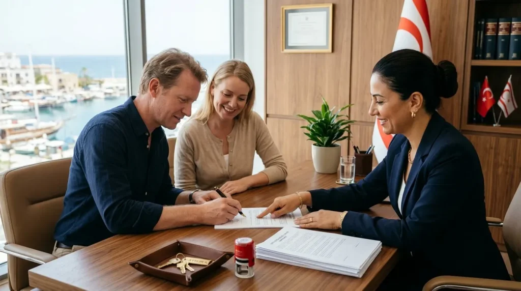 Foreign buyers signing a property sales contract with their lawyer in North Cyprus