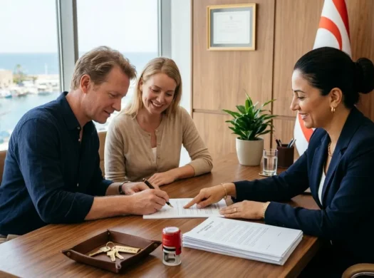 Foreign buyers signing a property sales contract with their lawyer in North Cyprus
