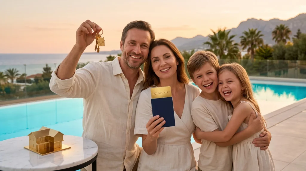 Happy family with new house keys and a Golden Visa card on the terrace of their sea-view villa in North Cyprus