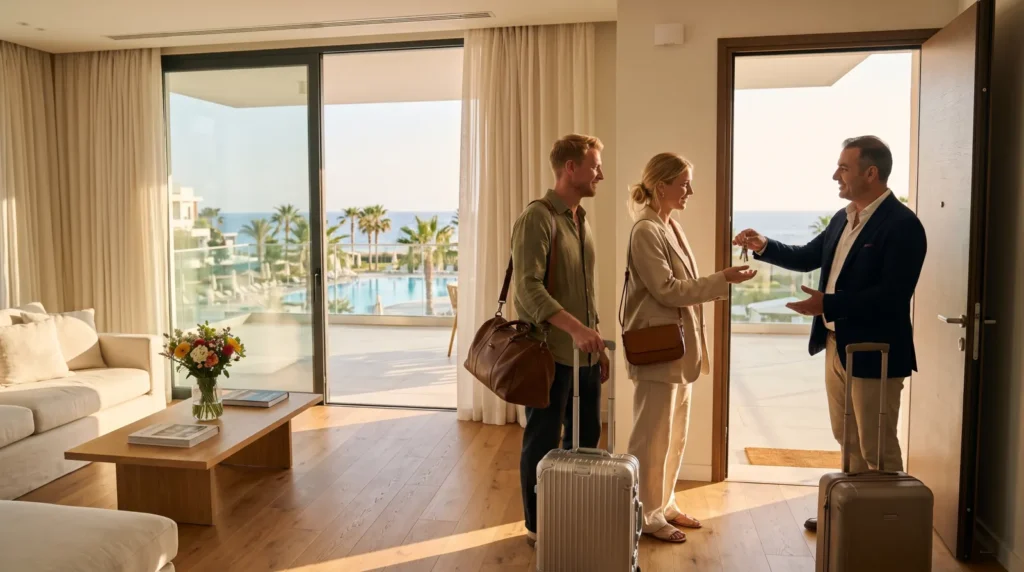 Property manager handing the keys of a sea-view holiday apartment to a European couple in North Cyprus.