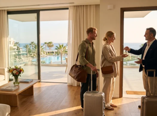 Property manager handing the keys of a sea-view holiday apartment to a European couple in North Cyprus.