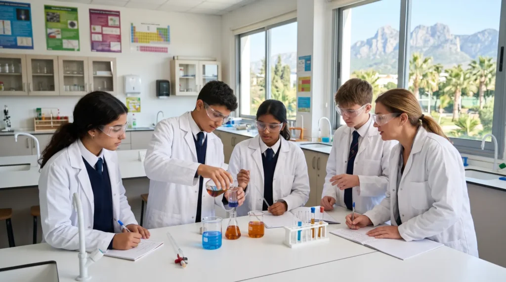 Sixth-form students doing a chemistry experiment with their teacher at an international school in North Cyprus