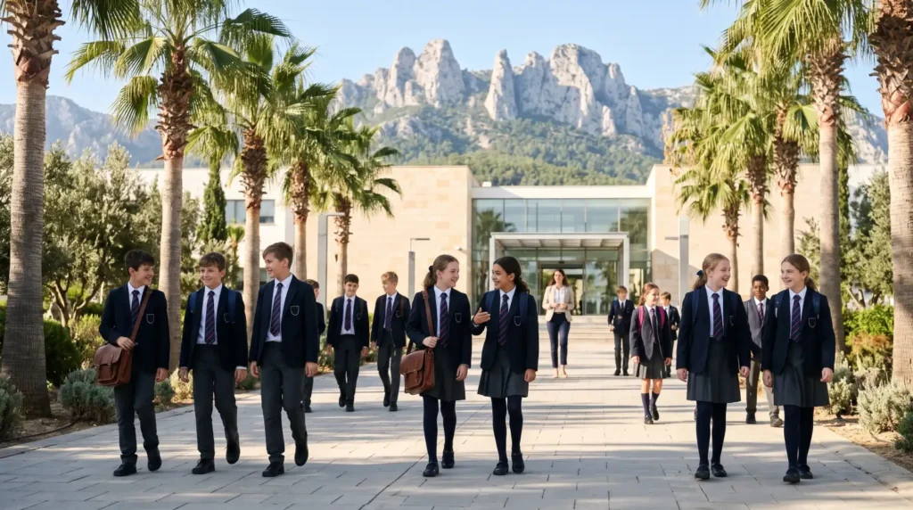 Pupils in British-style school uniforms at an international school below the Kyrenia mountains, North Cyprus