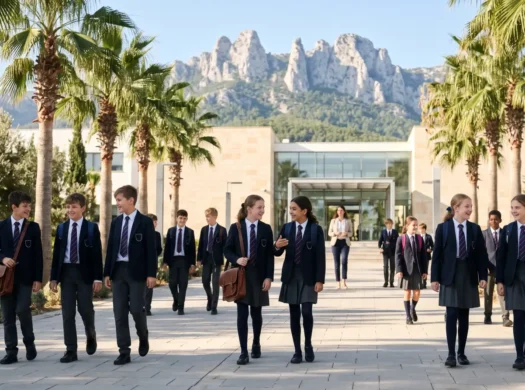 Pupils in British-style school uniforms at an international school below the Kyrenia mountains, North Cyprus