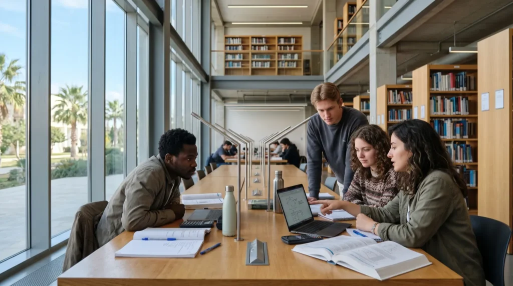 International students studying together in a modern university library in North Cyprus