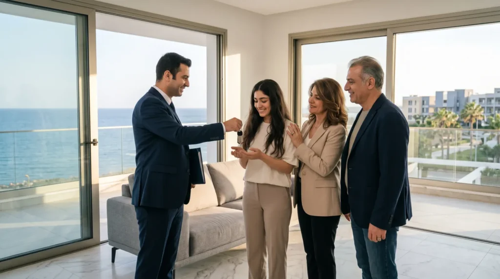 Iranian parents and their daughter receiving the keys of a sea-view apartment near a university in Famagusta