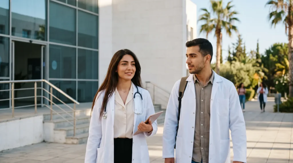 Iranian medical students in white coats on a university campus in Nicosia, North Cyprus
