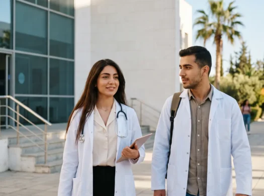 Iranian medical students in white coats on a university campus in Nicosia, North Cyprus