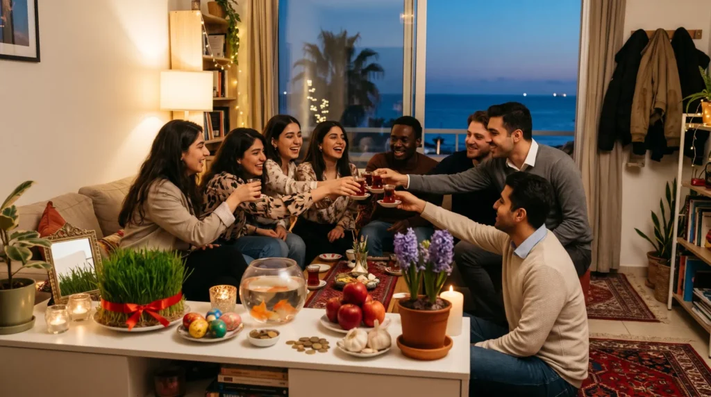 Iranian and international students celebrating Nowruz around a Haft-Seen table in a student flat in North Cyprus
